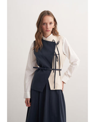 Garnili Yelekli Keten İkili Takım - Lacivert