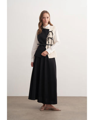 Garnili Yelekli Keten İkili Takım - Siyah