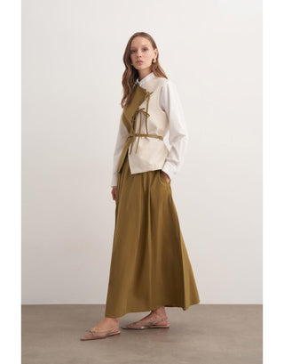 Garnili Yelekli Keten İkili Takım - Yağ Yeşili