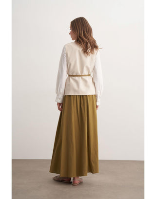 Garnili Yelekli Keten İkili Takım - Yağ Yeşili