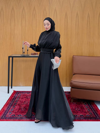 Simli Organze Şifon Elbise Siyah