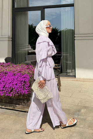 Fırfır Detaylı Tunik Pantolon Takım Lila
