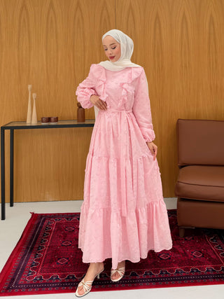 Fırfır Yakalı Çiçek Nakışlı Kat Kat Elbise Pembe
