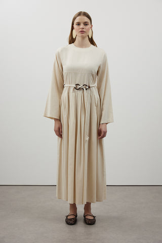 Pile Detaylı Keten Elbise - Bej