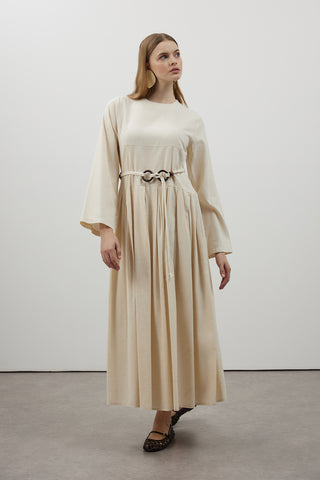 Pile Detaylı Keten Elbise - Bej