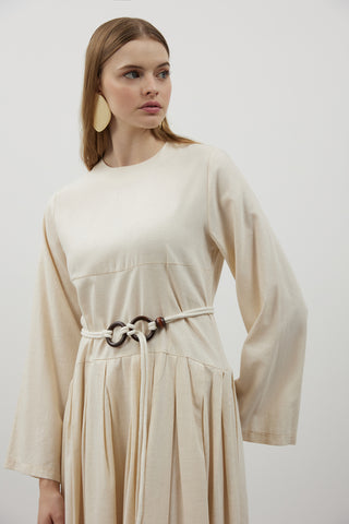 Pile Detaylı Keten Elbise - Bej