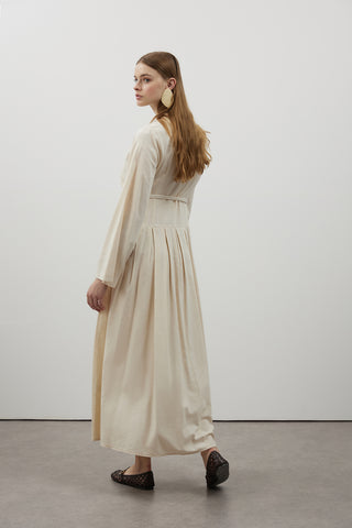 Pile Detaylı Keten Elbise - Bej