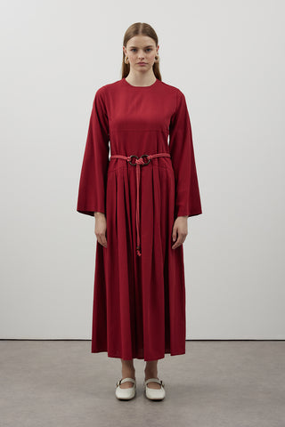 Pile Detaylı Keten Elbise - Bordo