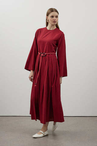 Pile Detaylı Keten Elbise - Bordo