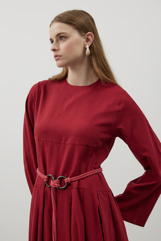 Pile Detaylı Keten Elbise - Bordo