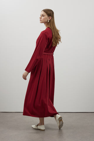 Pile Detaylı Keten Elbise - Bordo