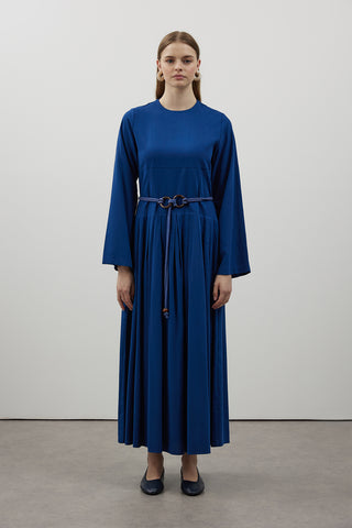 Pile Detaylı Keten Elbise - Lacivert