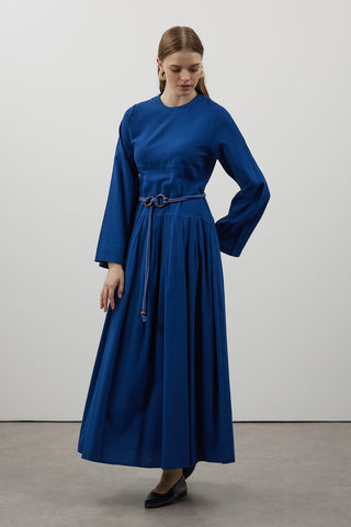 Pile Detaylı Keten Elbise - Lacivert