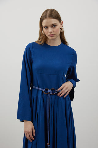 Pile Detaylı Keten Elbise - Lacivert