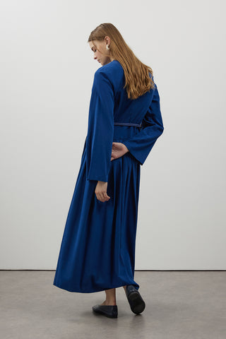 Pile Detaylı Keten Elbise - Lacivert