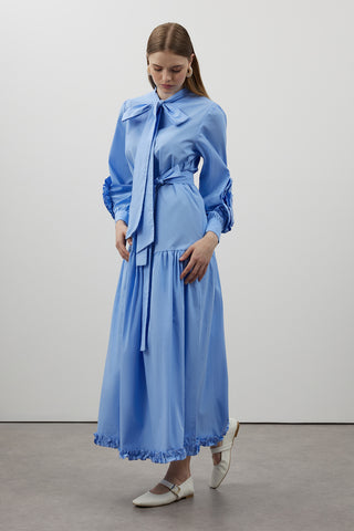 Kolları Gül Detaylı Poplin Elbise - Mavi