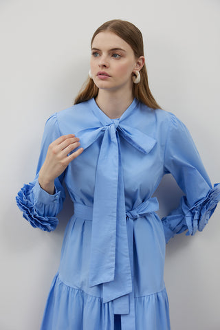 Kolları Gül Detaylı Poplin Elbise - Mavi