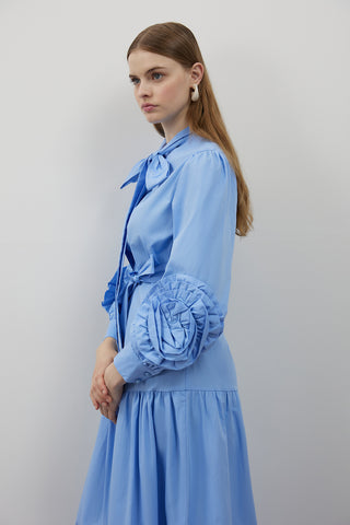 Kolları Gül Detaylı Poplin Elbise - Mavi
