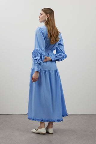 Kolları Gül Detaylı Poplin Elbise - Mavi