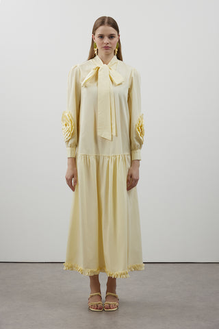 Kolları Gül Detaylı Poplin Elbise - Sarı