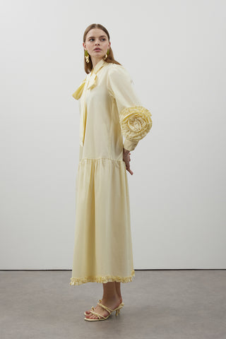 Kolları Gül Detaylı Poplin Elbise - Sarı