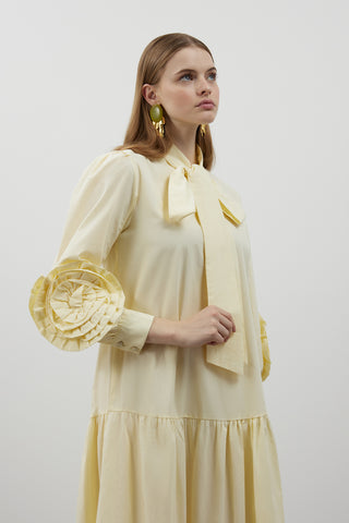 Kolları Gül Detaylı Poplin Elbise - Sarı