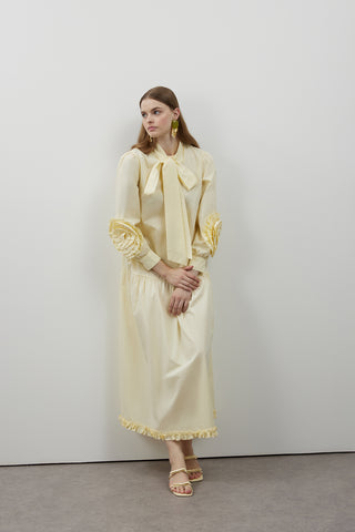 Kolları Gül Detaylı Poplin Elbise - Sarı