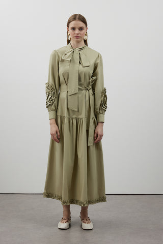 Kolları Gül Detaylı Poplin Elbise - Yeşil