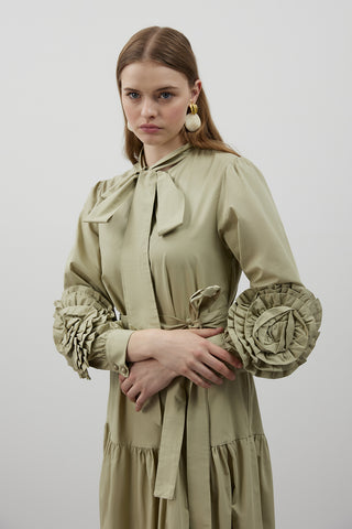 Kolları Gül Detaylı Poplin Elbise - Yeşil