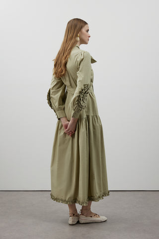 Kolları Gül Detaylı Poplin Elbise - Yeşil