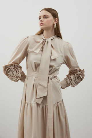 Kolları Gül Detaylı Poplin Elbise - Bej