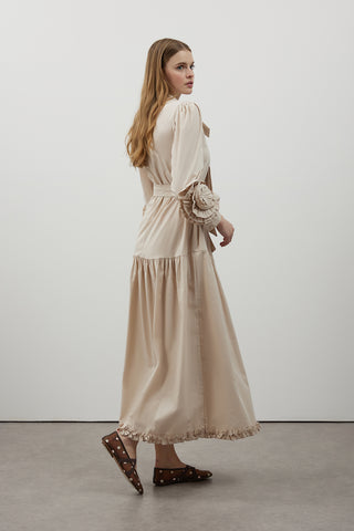 Kolları Gül Detaylı Poplin Elbise - Bej