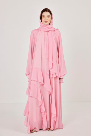 Reglan Kollu Eteği Kat Volanlı Şifon Elbise Pembe