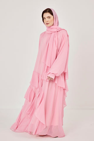 Reglan Kollu Eteği Kat Volanlı Şifon Elbise Pembe