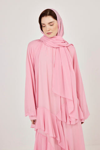 Reglan Kollu Eteği Kat Volanlı Şifon Elbise Pembe