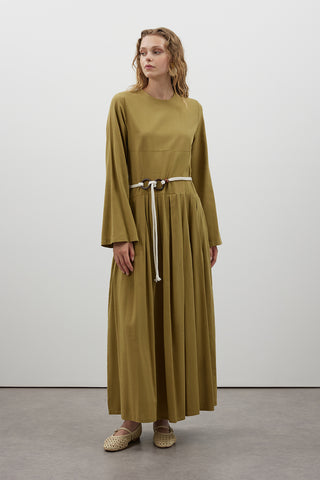 Pile Detaylı Keten Elbise - Yağ Yeşili