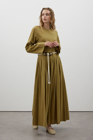 Pile Detaylı Keten Elbise - Yağ Yeşili