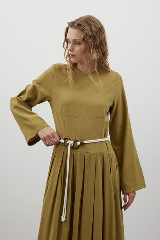 Pile Detaylı Keten Elbise - Yağ Yeşili