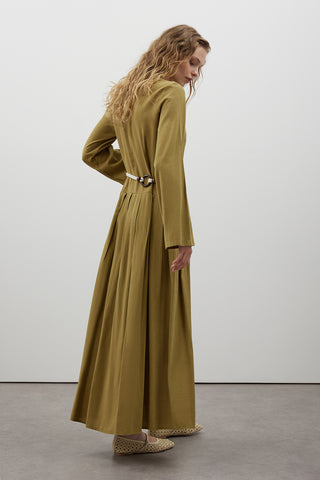 Pile Detaylı Keten Elbise - Yağ Yeşili