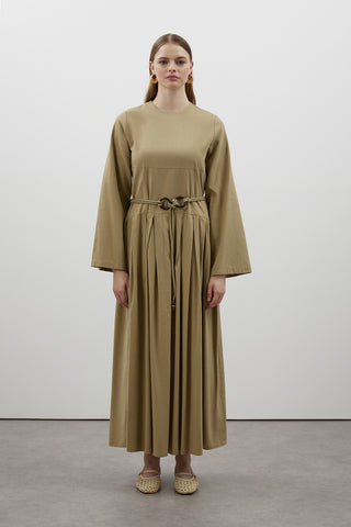 Pile Detaylı Keten Elbise - Yeşil