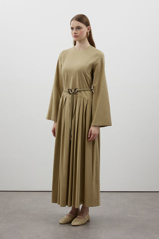 Pile Detaylı Keten Elbise - Yeşil