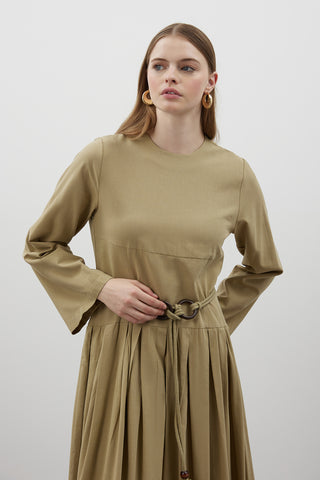 Pile Detaylı Keten Elbise - Yeşil