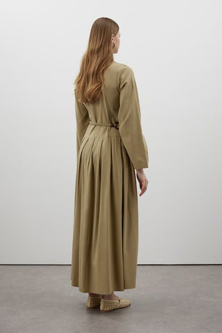 Pile Detaylı Keten Elbise - Yeşil