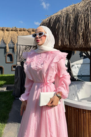 Katman Volan Detaylı Düğmeli Elbise Pembe