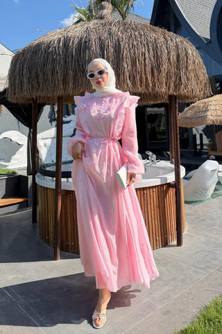 Katman Volan Detaylı Düğmeli Elbise Pembe