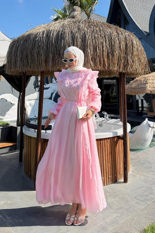 Katman Volan Detaylı Düğmeli Elbise Pembe