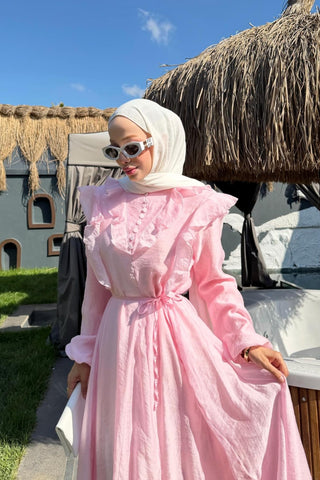 Katman Volan Detaylı Düğmeli Elbise Pembe