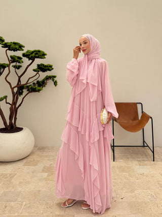 Reglan Kollu Eteği Kat Volanlı Şifon Elbise Pembe