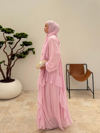 Reglan Kollu Eteği Kat Volanlı Şifon Elbise Pembe