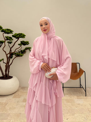 Reglan Kollu Eteği Kat Volanlı Şifon Elbise Pembe